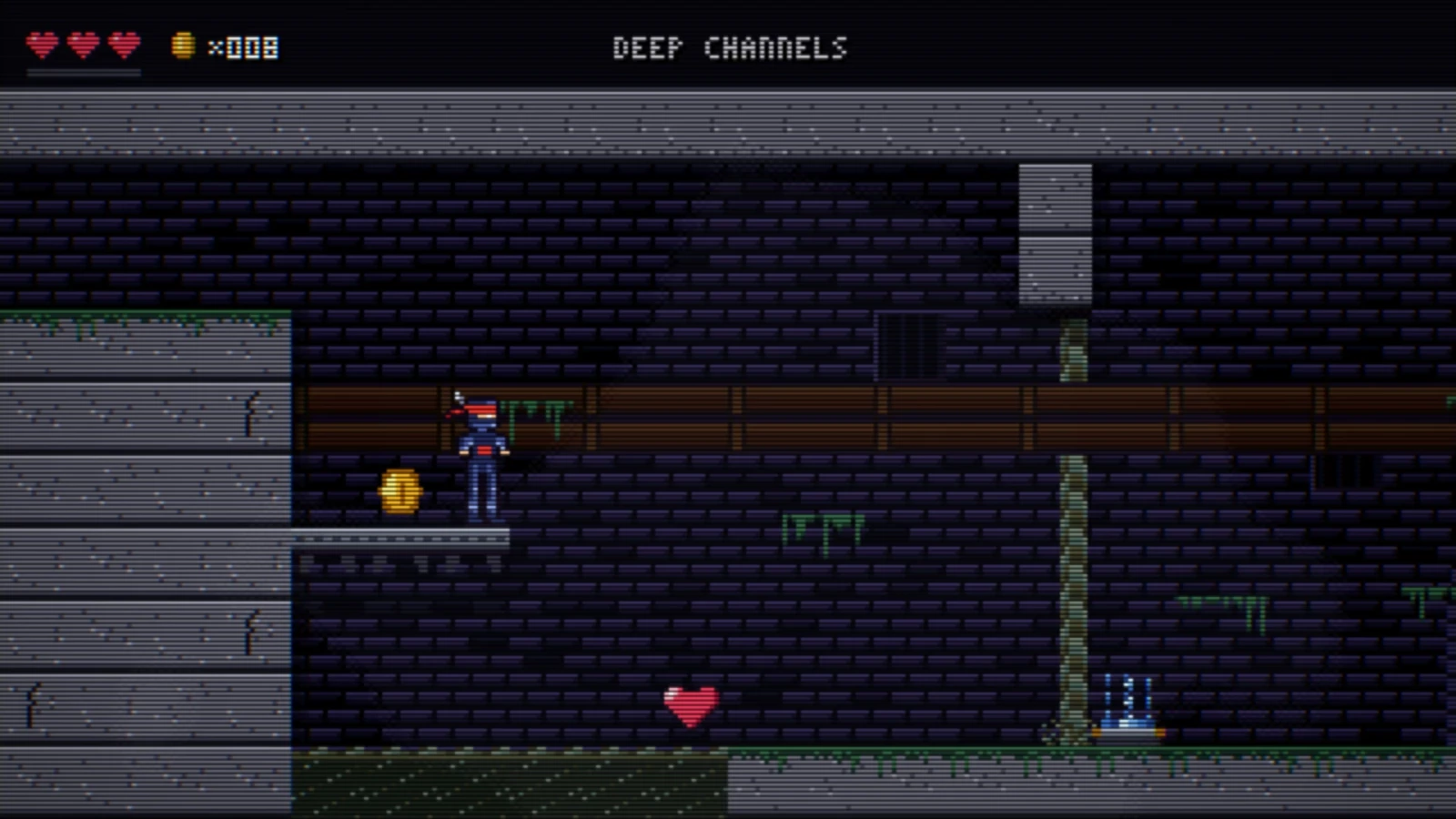 The ninja on a ledge in the Deep Channels, a dark blue brick room with grey stone blocks, a coin beside him and a heart on the floor.