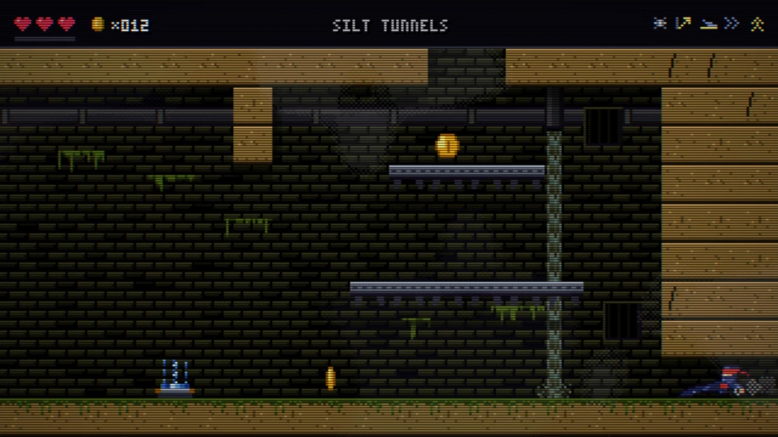 A room in the Silt Tunnels with sandy walls, metal platforms and coins; the ninja is at the bottom right.