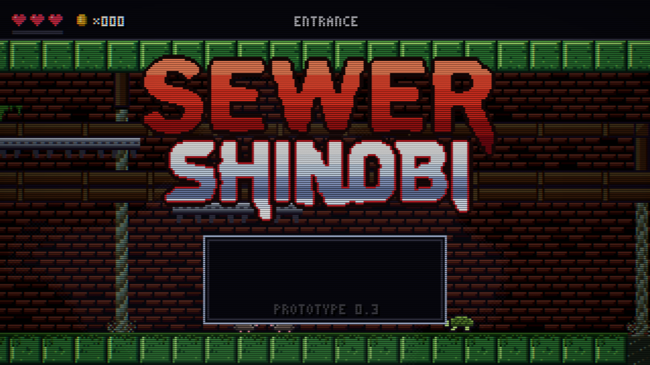 The title screen of Sewer Shinobi: its red and silver logo over a brick sewer wall.